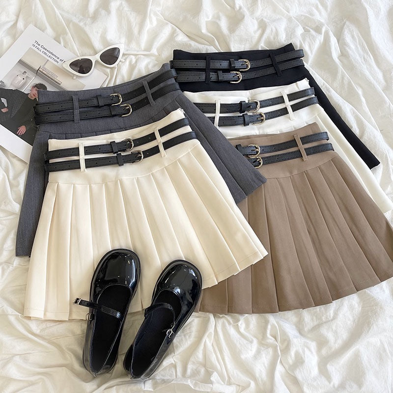 RENA American campus style girl double belt design high waist slimming all-match A-line skirt anti-light pleated skirt (Copy)