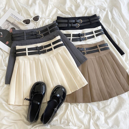 RENA American campus style girl double belt design high waist slimming all-match A-line skirt anti-light pleated skirt (Copy)