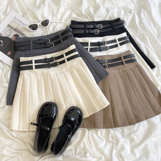 RENA American campus style girl double belt design high waist slimming all-match A-line skirt anti-light pleated skirt (Copy)