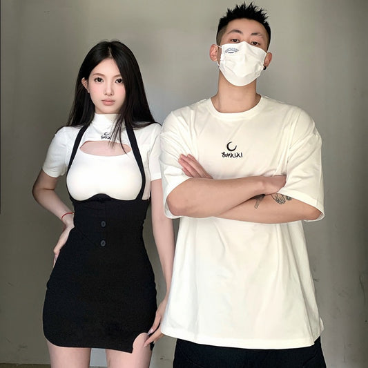 Couple outfit summer 2023 niche design sense Korean version short-sleeved T-shirt two-piece set French one dress one skirt ins trendy brand