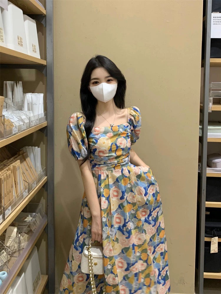 Large size fat MM seaside vacation tea break dress female summer gentle wind one-shoulder waist slimming a-line long skirt