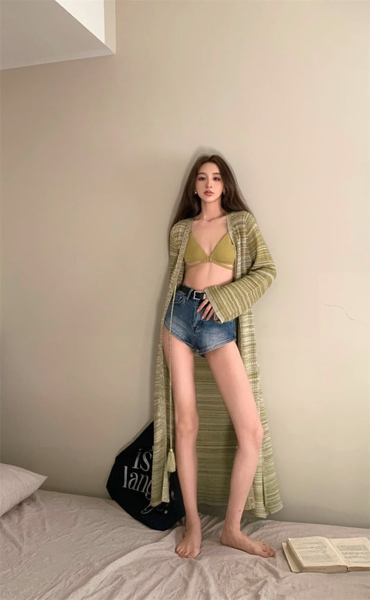 Summer new design sense color matching striped sweater tie-up long section niche temperament sunscreen cardigan female pure desire wind