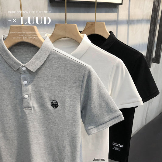 LUUD Korean version casual small embroidery men's Polo shirt youth retro all-match slim short-sleeved fashion simple top