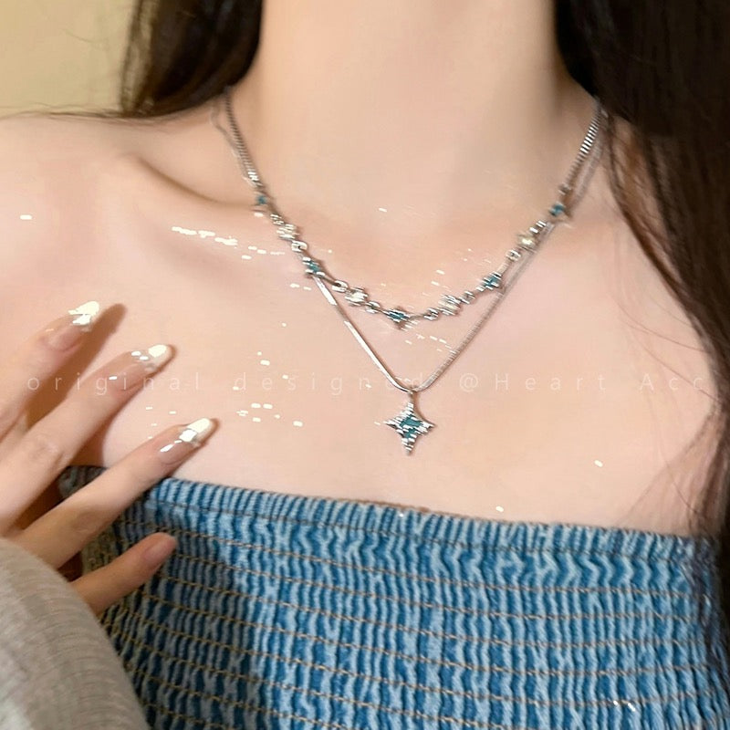 Double-layer stacked four-pointed star necklace female 2023 new hip-hop collarbone chain fashion sweet cool hot girl all-match necklace
