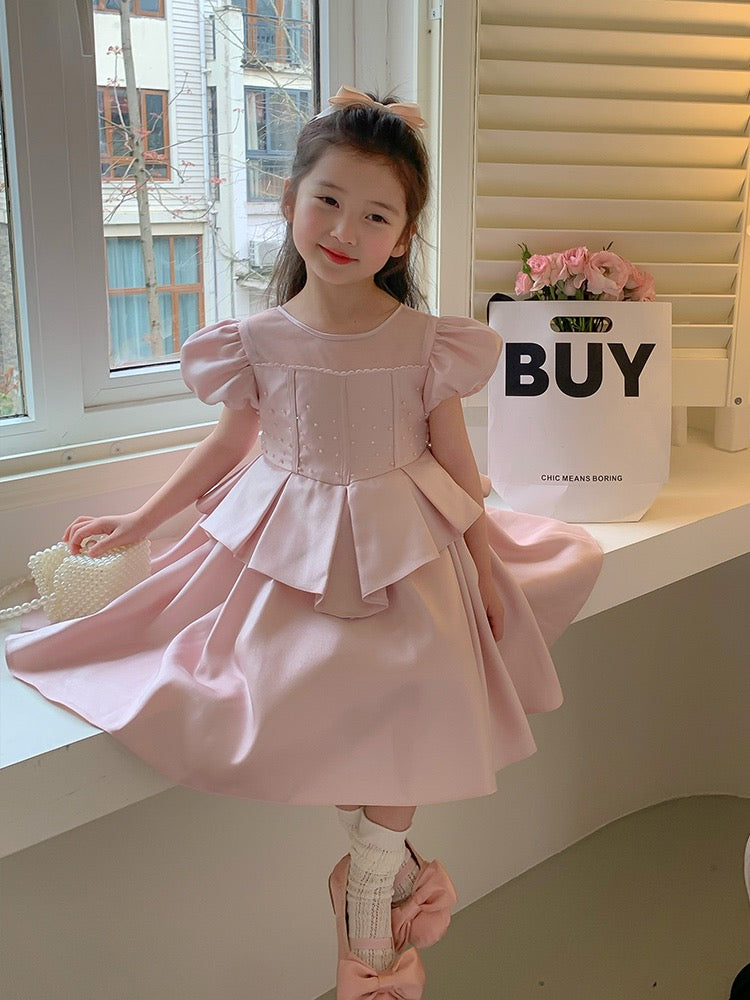 Girls dress 2023 summer new foreign style pink little girl skirt puff sleeve children's birthday princess dress