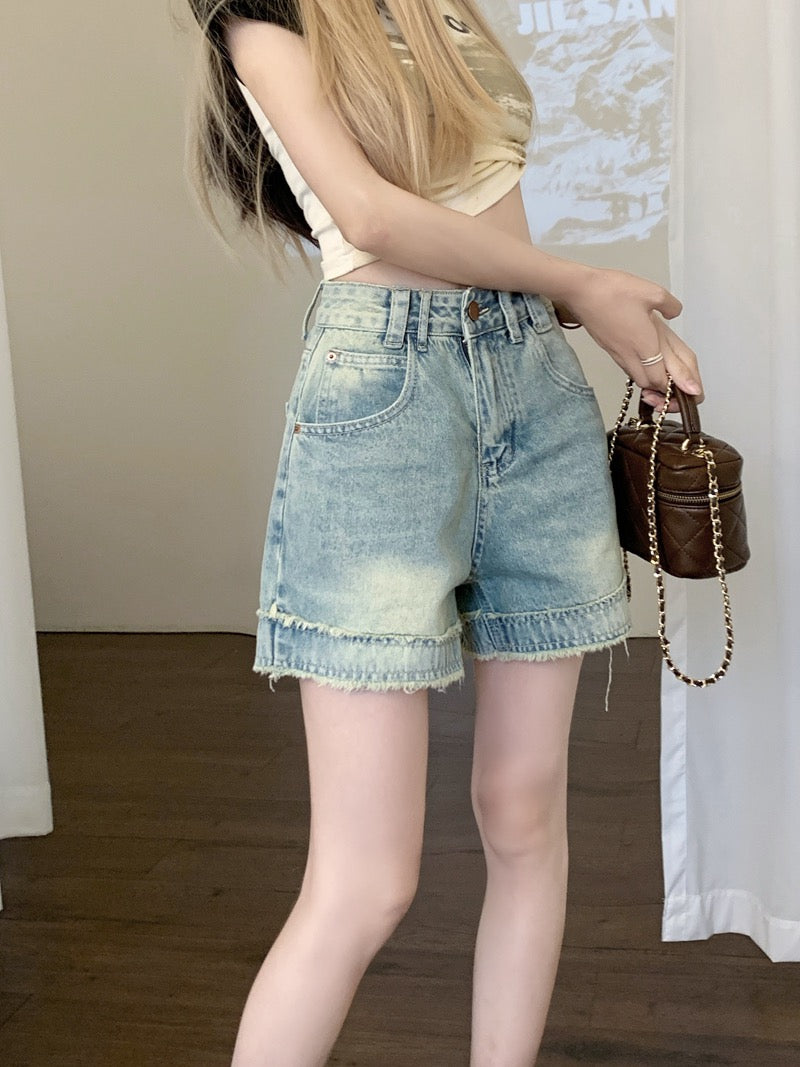 Kumikumi retro raw edge design denim shorts women's summer high waist slimming all-match wide-leg pants hot pants