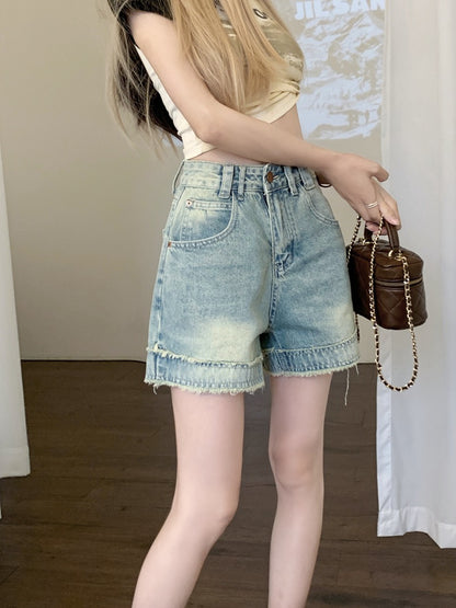 Kumikumi retro raw edge design denim shorts women's summer high waist slimming all-match wide-leg pants hot pants