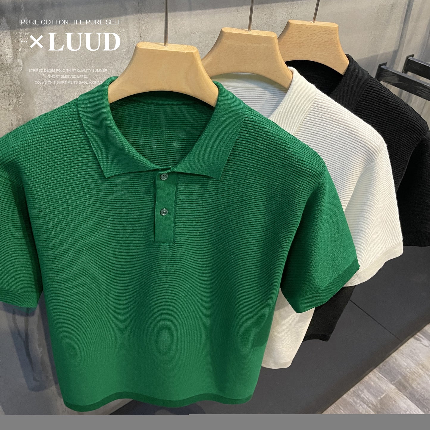 LUUD simple solid color high-quality texture knitted lapel POLO shirt men's breathable all-match trendy loose men's tops