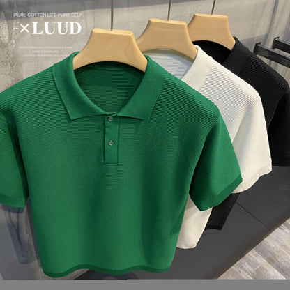 LUUD simple solid color high-quality texture knitted lapel POLO shirt men's breathable all-match trendy loose men's tops