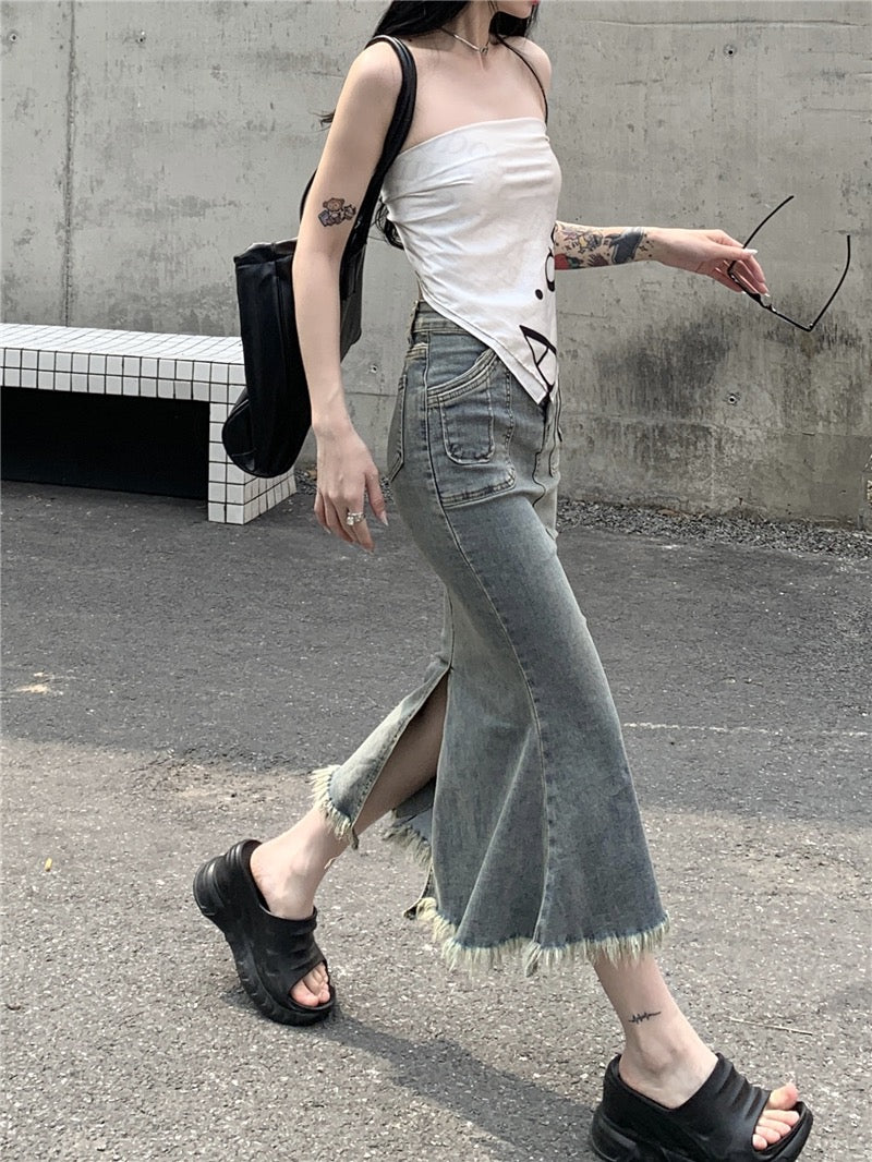 Kumikumi retro nostalgic denim skirt women's summer high waist bag hip mermaid skirt mid-length slit skirt