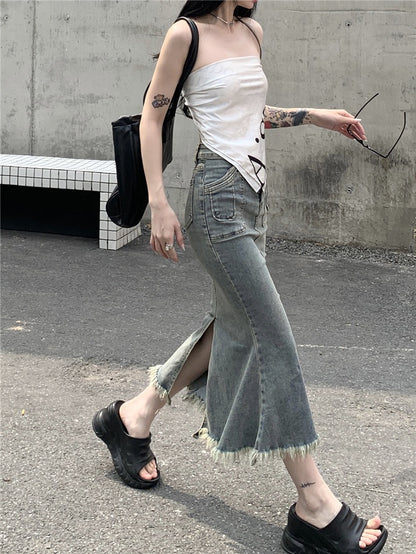 Kumikumi retro nostalgic denim skirt women's summer high waist bag hip mermaid skirt mid-length slit skirt