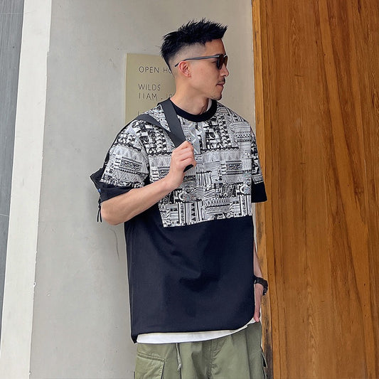 Uncle Gang summer high street ruffian handsome round neck half-sleeved T-shirt men's American style splicing trendy brand short sleeves loose casual five-quarter sleeves