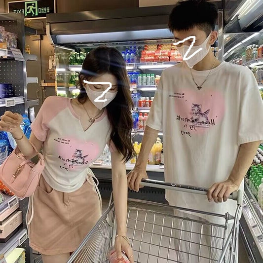 Couple outfit 2023 summer trend one long and one short print slim short-sleeved T-shirt niche design short top