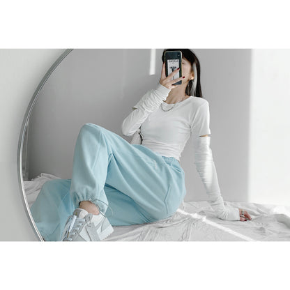 Homemade baby blue loose drawstring trousers 2023 spring and autumn new sports pants ins trendy casual straight leg trousers
