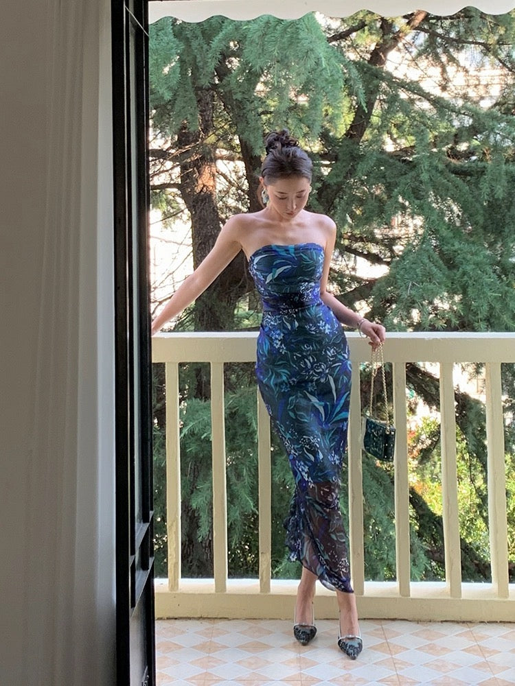 Xiaoli One Tail Blue Sparrow Floral Suspenders Hip Dress 2023 Summer French Spice Girls Sexy Slim Chic Dress