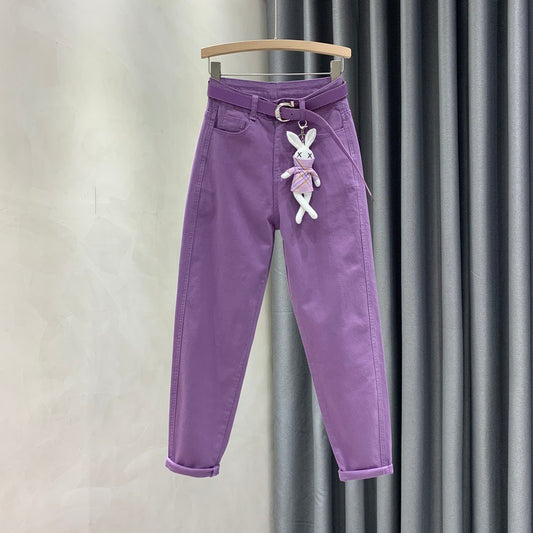 European goods purple jeans women's summer thin fashion all-match elastic small feet harem pants high waist slim carrot pants trendy