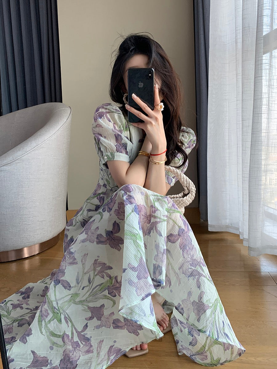 FT GUOGE floral dress female 2023 summer new French tea break seaside vacation V-neck tencel long skirt