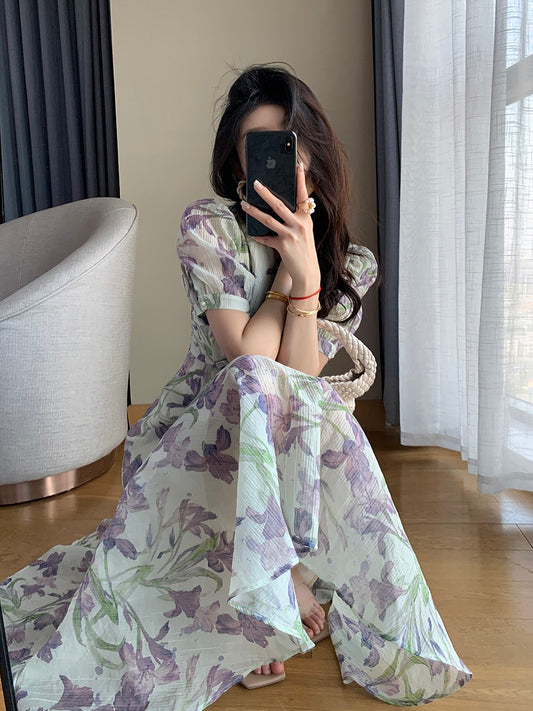 FT GUOGE floral dress female 2023 summer new French tea break seaside vacation V-neck tencel long skirt