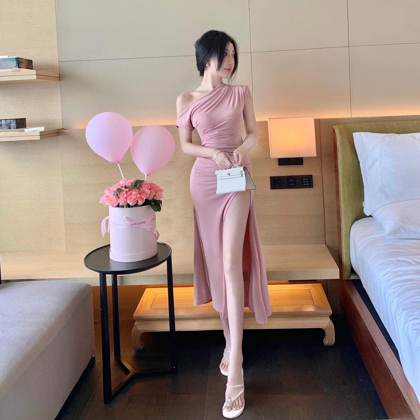 Yuzijiang Rae a wisp of fragrance/temperament waist waist show figure skirt women's summer slanted shoulders slit mid-length dress