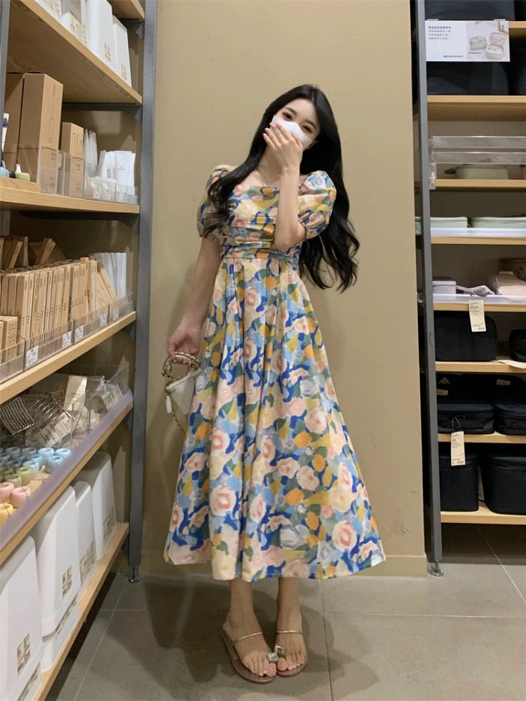 Large size fat MM seaside vacation tea break dress female summer gentle wind one-shoulder waist slimming a-line long skirt