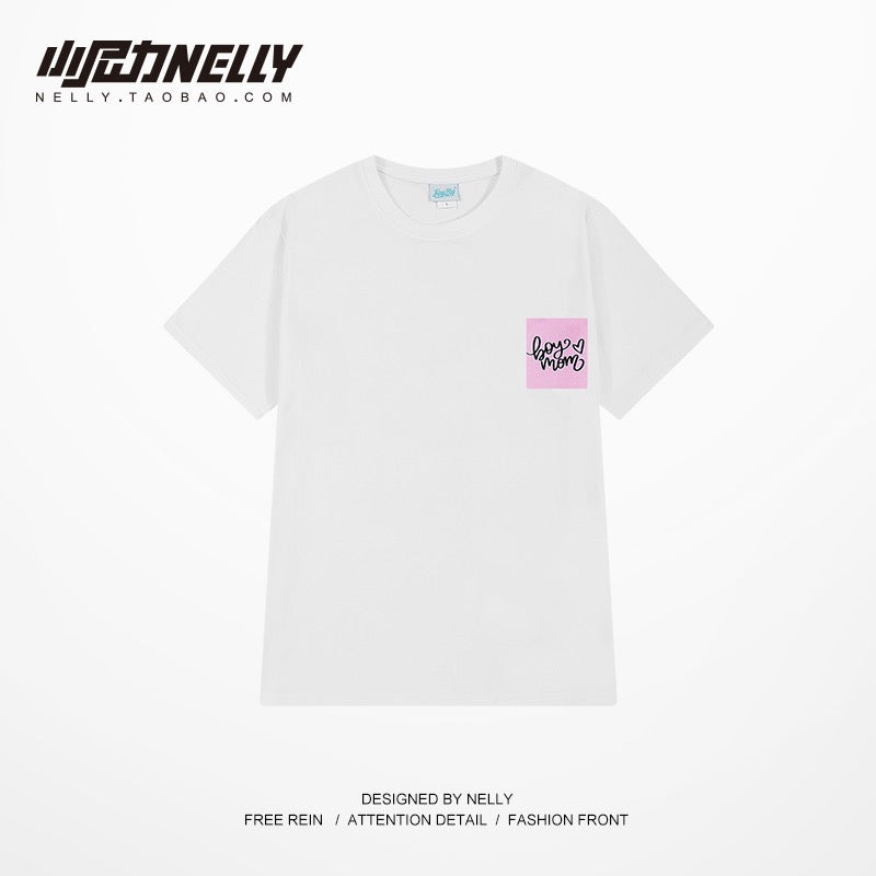 oversize love post-it sticker woven label design couple outfit solid color T-shirt fried street short-sleeved men's and women's half-sleeved mid-sleeve
