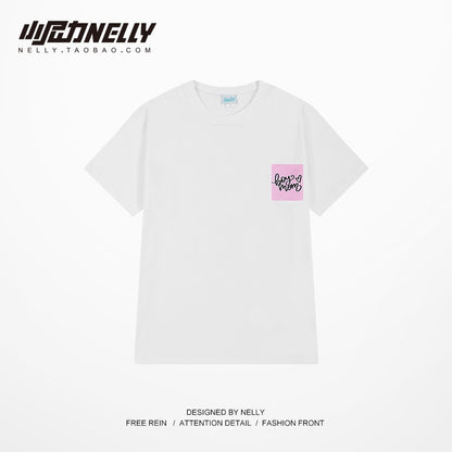 oversize love post-it sticker woven label design couple outfit solid color T-shirt fried street short-sleeved men's and women's half-sleeved mid-sleeve