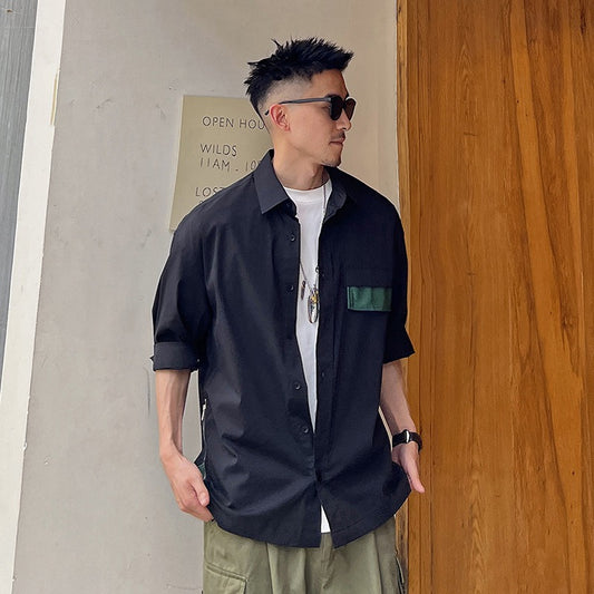 Uncle Bar Summer Simple Fashion Short-sleeved Shirt Men's Loose Trend Stitching Five-quarter Sleeve Shirt American Casual Jacket