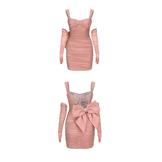 Pink pleated elastic dress summer new style back hollow sexy bowknot backpack hip skirt summer new style