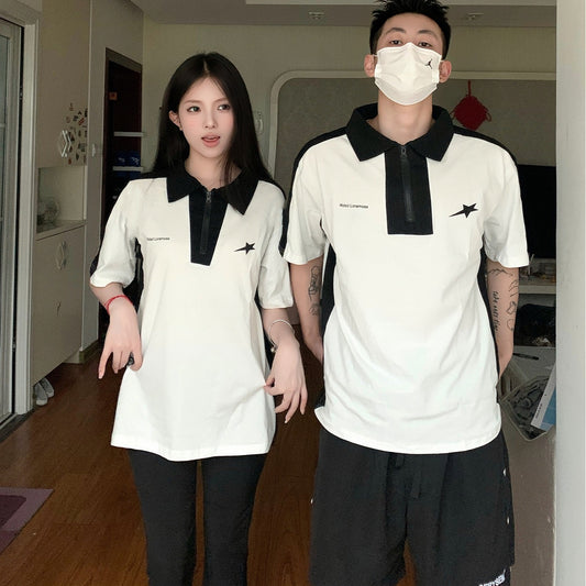 Couple wear summer clothes niche design sense new high-end sense color contrast stitching Polo collar short-sleeved T-shirt tide brand women