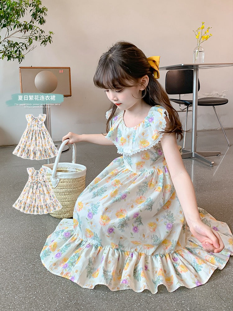 Girls summer dress 2023 new foreign style children's skirt summer children's clothing little girl floral princess dress tide