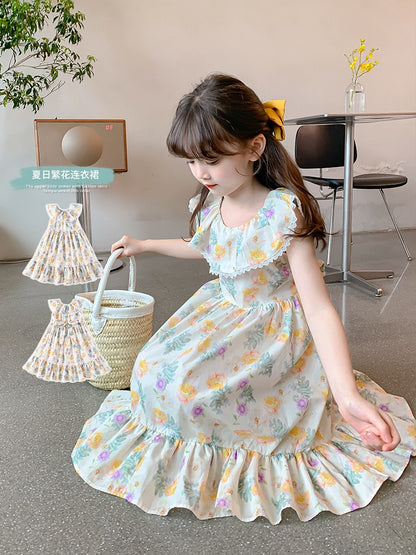 Girls summer dress 2023 new foreign style children's skirt summer children's clothing little girl floral princess dress tide