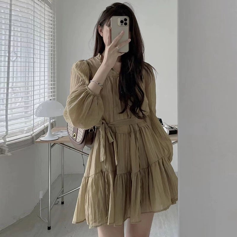 Korean chic spring French gentle V-neck tie with folds texture design small long-sleeved dress female