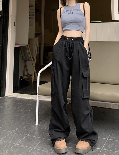 American retro drawstring tooling casual pants women's summer high street loose all-match straight wide-leg pants mopping trousers