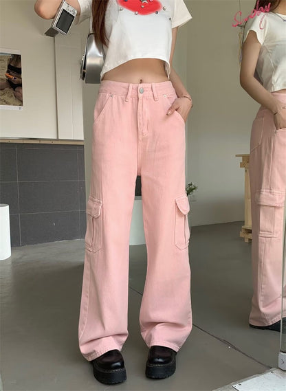 White tooling jeans women's summer ins tide American retro drape floor mopping trousers straight wide leg pants