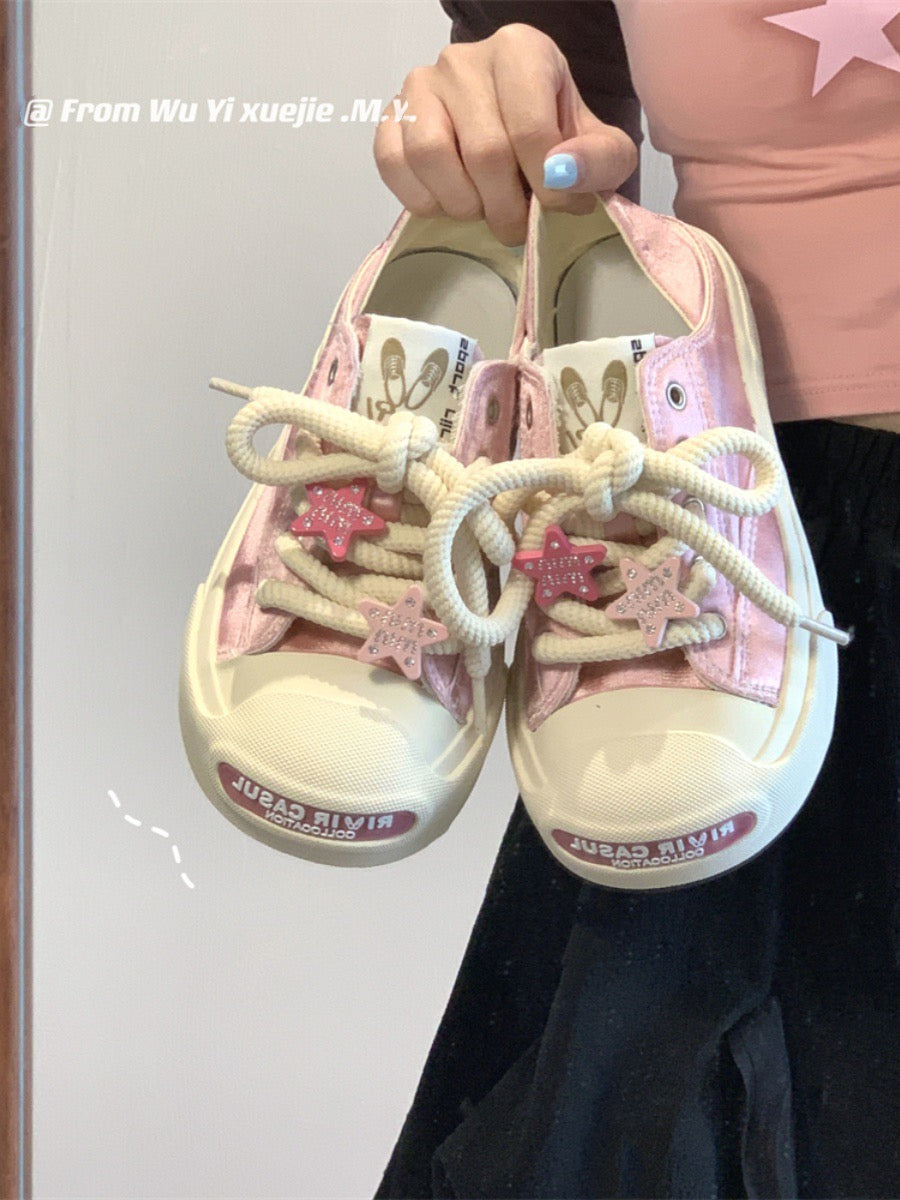 Explosive change niche original canvas shoes girls summer star shoes satin retro slip on breathable casual sports shoes