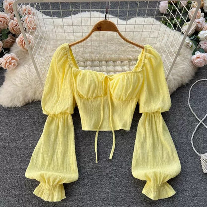 French design sense niche square collar white shirt jacket autumn women's tie puff sleeve shirt western style beautiful small shirt