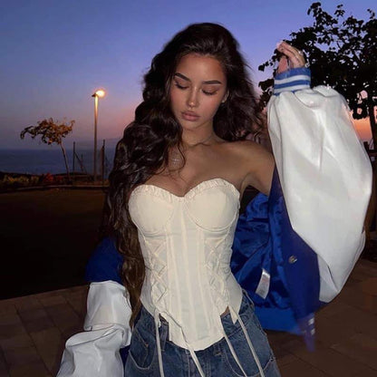 KLIOU American hot girl style retro milk apricot tube top vest women's irregular lace thin waist top summer