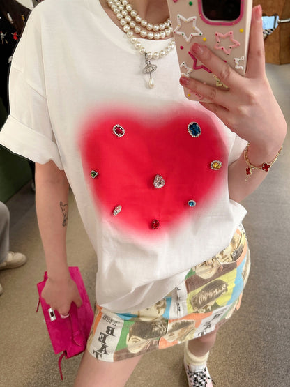 Thebestxue Korean version of fashionable white color diamond love loose short-sleeved t-shirt female 2023 summer new t-shirt