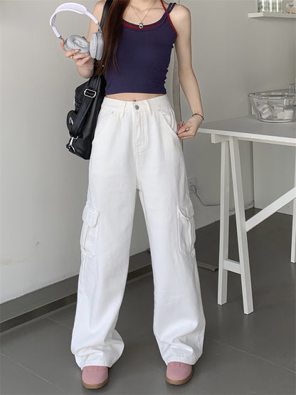 White tooling jeans women's summer ins tide American retro drape floor mopping trousers straight wide leg pants