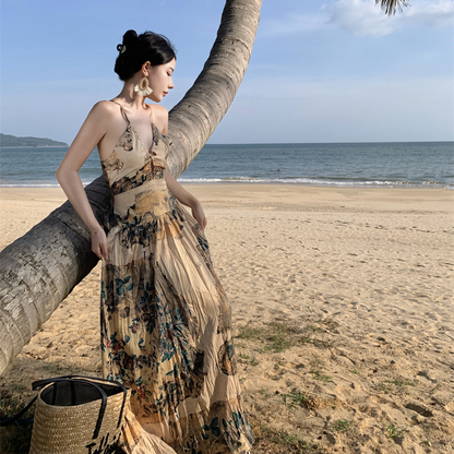 New Chinese style retro print suspender dress women's design sense folds backless thin seaside holiday inner skirt