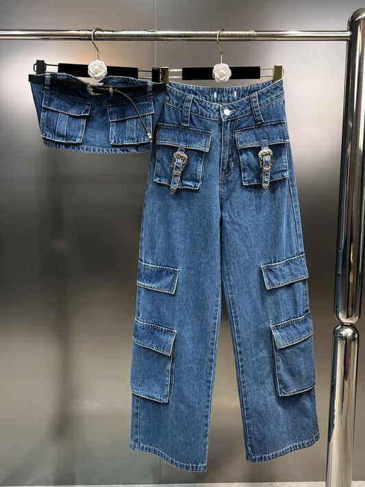 Grapefruit MM2023 spring and summer belt decoration multi-pocket short tube top overalls hot girl style denim suit
