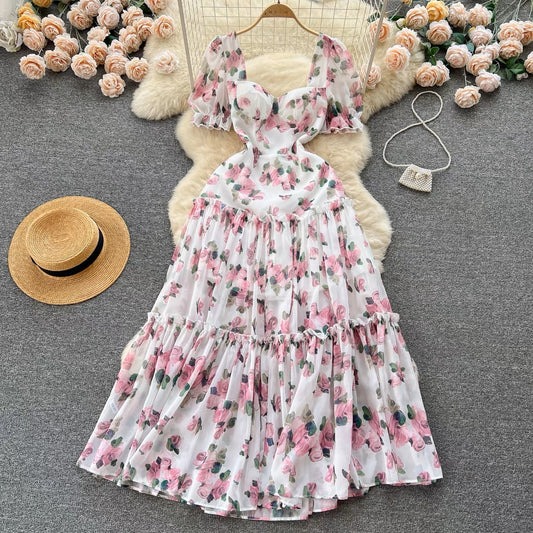 Seaside holiday style celebrity French square collar puff sleeve floral dress female waist temperament super fairy chiffon dress