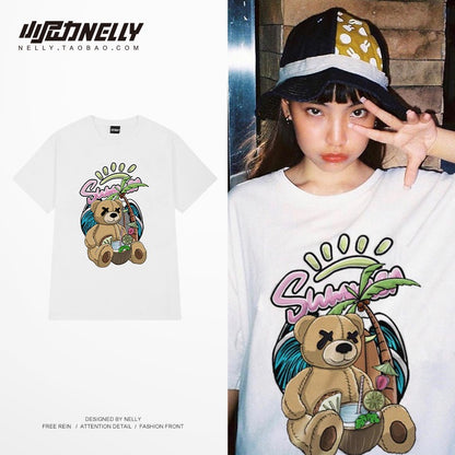 ulzzang hip-hop trendy brand retro niche cartoon fun oversize loose men and women couple short-sleeved T-shirt bf
