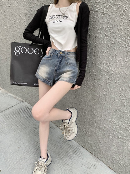 American retro hot girl pants blue washed old jeans women's summer high waist thin hot pants super shorts tide