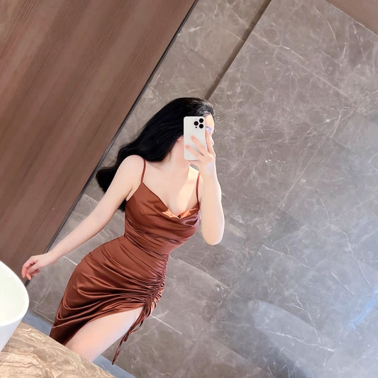 Slim mid-length strappy satin dress