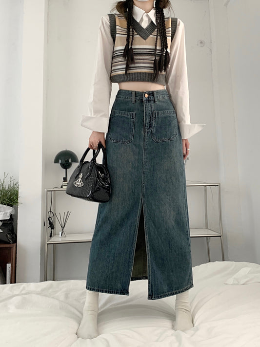 Retro slit denim skirt 2023 new women's spring high waist thin skirt small a-line mid-length skirt