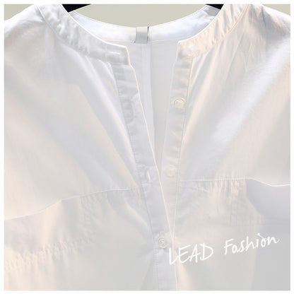 Round neck white long-sleeved shirt women 2023 spring new quality loose casual shirt roll sleeve top cardigan tide