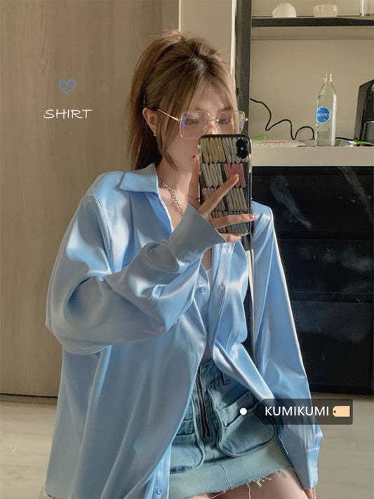 High-quality satin shirt jacket women's summer black mid-length lapel shirt loose and thin temperament top