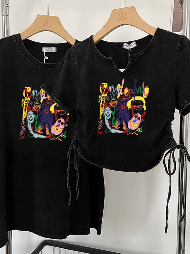 American-style old-fashioned short-sleeved t-shirt women's summer loose and thin T-shirt short drawstring hot girl tops sisters girlfriends