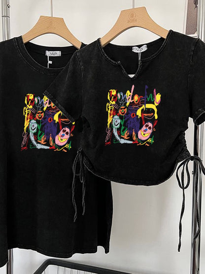 American-style old-fashioned short-sleeved t-shirt women's summer loose and thin T-shirt short drawstring hot girl tops sisters girlfriends